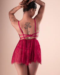 Red lace babydoll set with thin shoulder straps and strappy back details, front and back views.