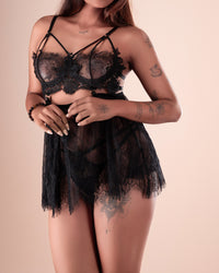 Black lace babydoll set with thin shoulder straps and strappy back details, front and back views.