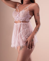 Pink lace babydoll set with thin shoulder straps and strappy back details, front and back views.